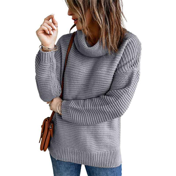    Gray-Womens-Turtleneck-Long-Sleeve-Knitted-Pullover-Sweater-Chunky-Warm-Pullover-Sweater-K207