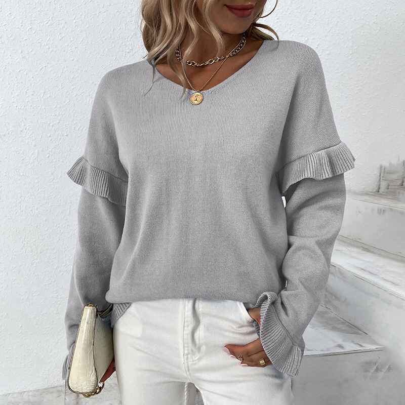 Gray-Womens-V-Neck-Long-Sleeve-Blouse-Loose-Fit-Tunics-Ruffles-Knit-Solid-Color-Tops-Fall-Tee-Shirts-K264