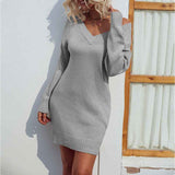    Gray-Womens-V-Neck-Long-Sleeve-Bodycon-Mini-Sweater-Dress-Fall-Off-Shoulder-Ribbed-Knit-Wrap-Short-Dresses-K275-front