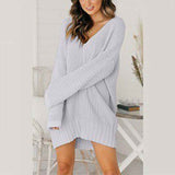 Gray-Womens-V-neck-long-sleeve-solid-color-loose-knitted-dress-K047