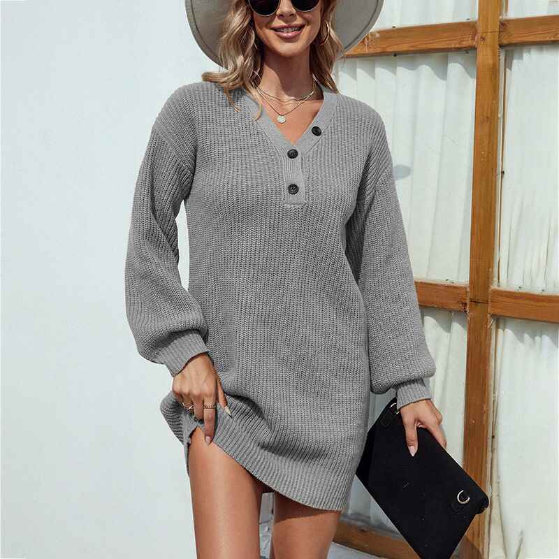 Gray-Womens-VNeck-Long-Sleeve-Ribbed-Knit-Button-Down-Slim-Sweater-Dress-Bodycon-Mini-Pullover-Sweater-Dress-K279