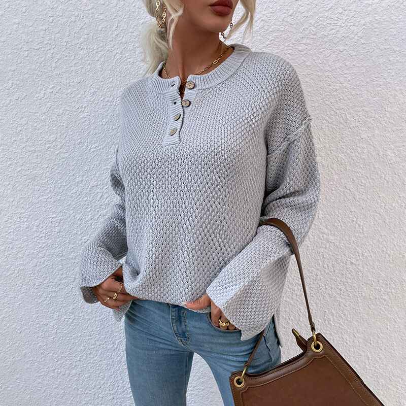 Gray-Womens-Waffle-Knit-V-Neck-Sweater-Casual-Long-Sleeve-Side-Slit-Button-Henley-Pullover-Jumper-Top-K412