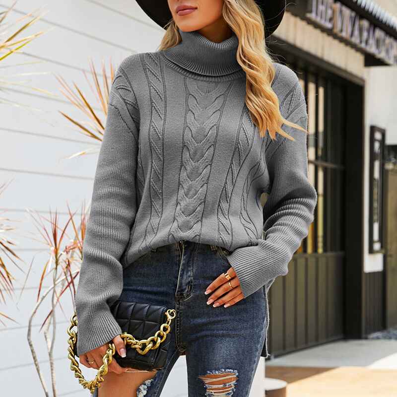 Gray-Womens-Winter-Casual-Long-Sleeve-Solid-Color-Cable-Knit-Balloon-Sleeve-Mock-Neck-Sweater-K457
