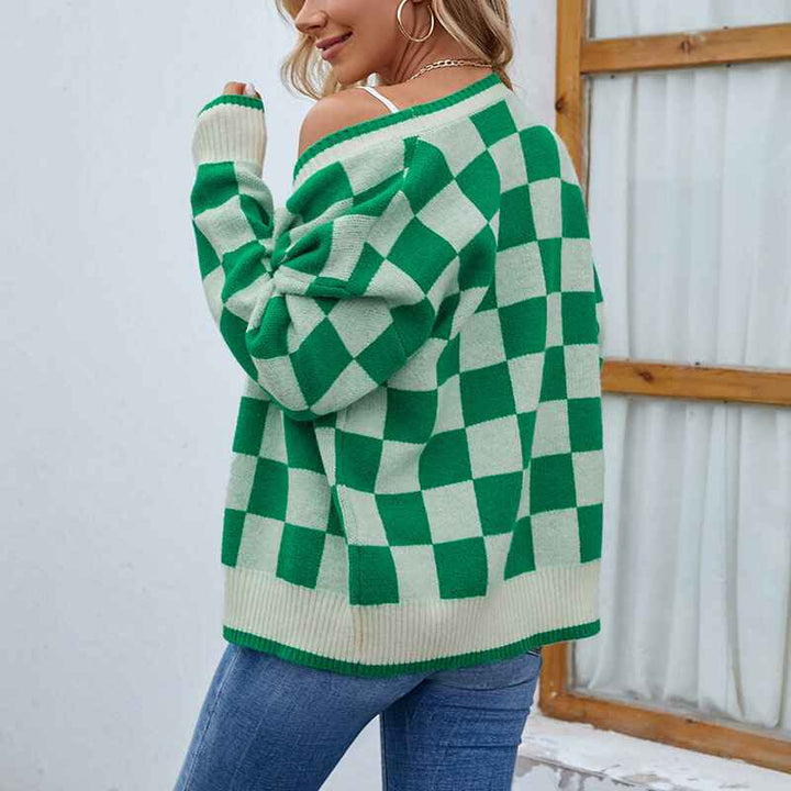 Green-Argyle-Sweater-Women-Button-Cardigan-V-Neck-K474-Back