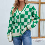 Green-Argyle-Sweater-Women-Button-Cardigan-V-Neck-K474-Front