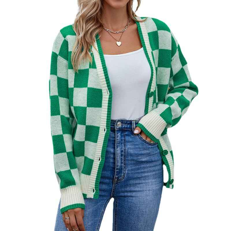 Green-Argyle-Sweater-Women-Button-Cardigan-V-Neck-K474