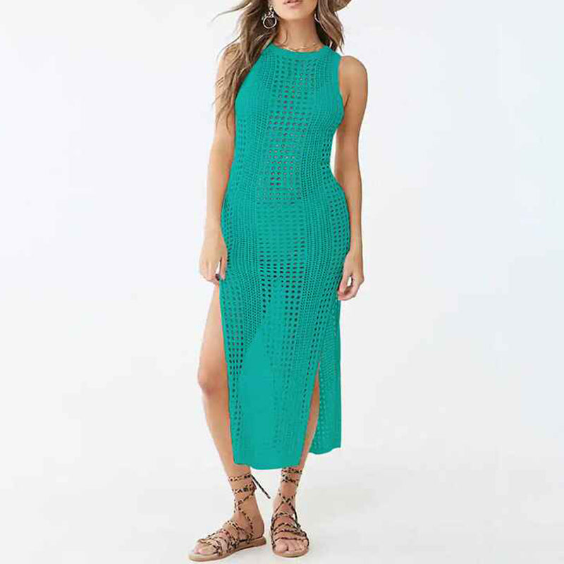 Green-Crochet-Cover-Ups-For-Women-Hollow-Out-Sleeveless-Bikini-Swimsuit-Swimwear-Side-Split-Long-Beach