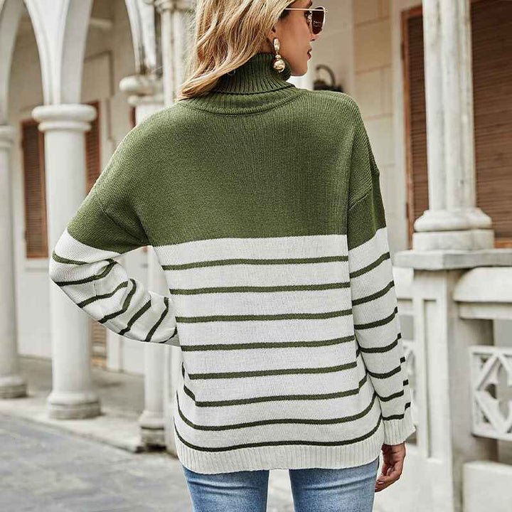 Green-Fall-Winter-Womens-Turtleneck-Knitted-Sweater-Long-Sleeve-Striped-Color-Block-Loose-Ribbed-Pullover-Tops-K334-Back