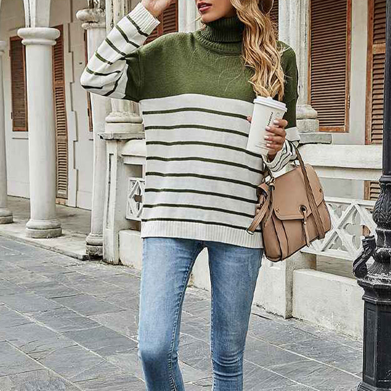 Green-Fall-Winter-Womens-Turtleneck-Knitted-Sweater-Long-Sleeve-Striped-Color-Block-Loose-Ribbed-Pullover-Tops-K334
