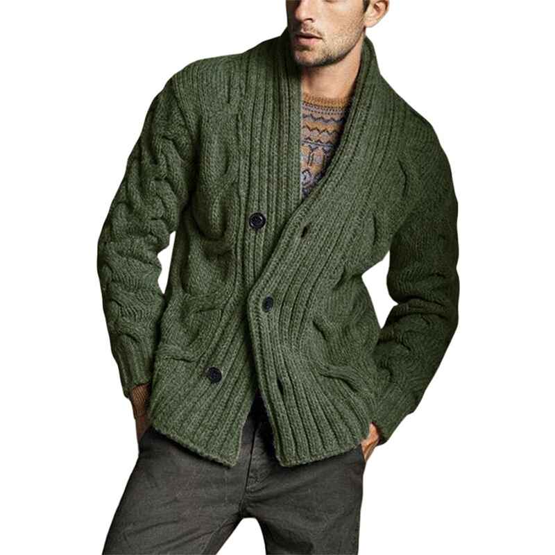 Green-Mens-Cable-Knit-Cardigan-Sweater-Shawl-Collar-Loose-Fit-Long-Sleeve-Casual-G062