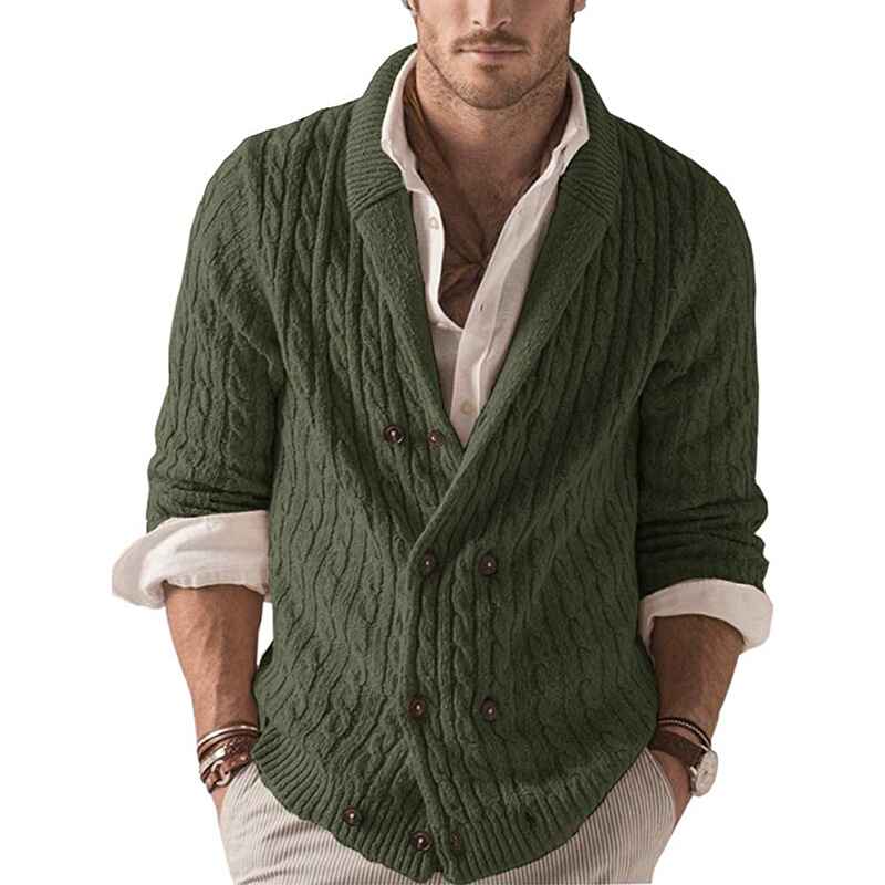 Green-Mens-Casual-Long-Sleeve-Shawl-Collar-Buttons-Down-Cable-Knit-Cardigan-Sweater-G038