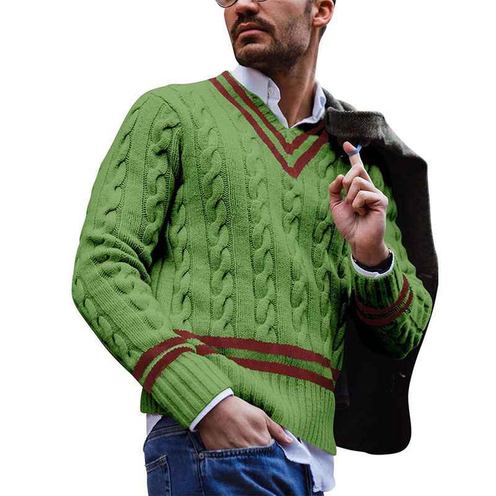 Green-Mens-Pullover-Sweater-Cable-Knit-V-Neck-Cotton-Knitwear-Sweater-G060