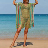 Green-Stripe-Womens-beach-color-matching-hollow-knitted-blouse-sunscreen-knitted-dress