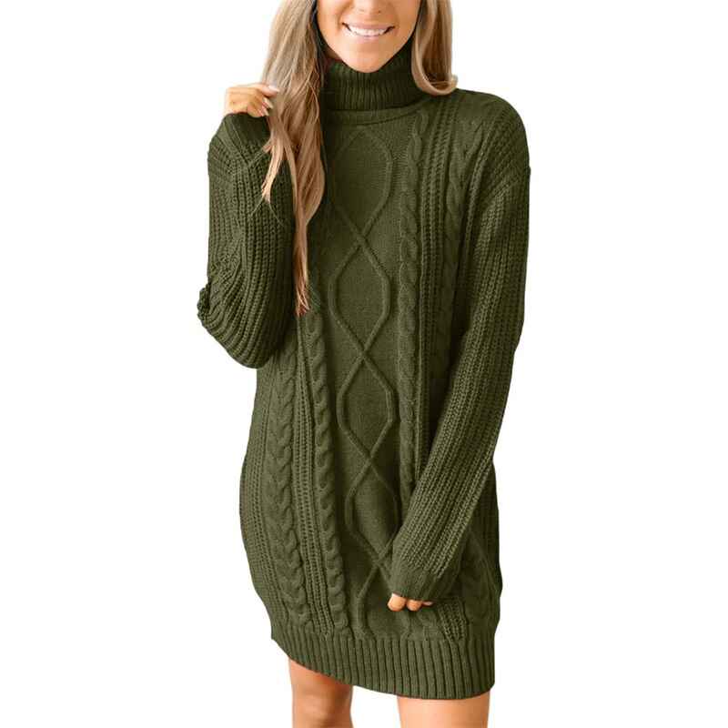     Green-Women-Turtleneck-Cable-Knit-Sweater-Dress-Casual-Loose-Long-Sleeve-Mini-Pullover-K056