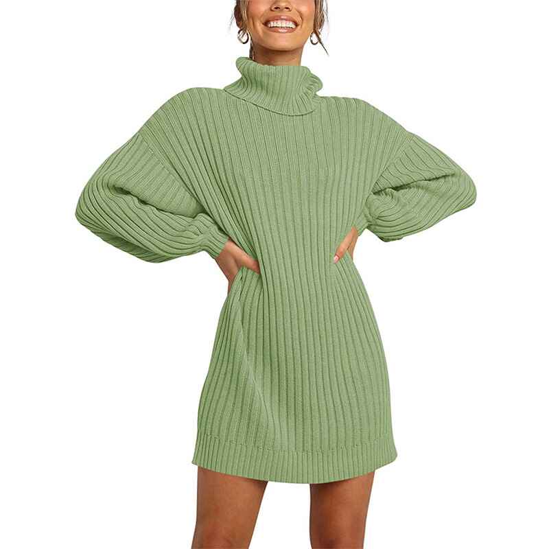    Green-Women-Turtleneck-Long-Lantern-Sleeve-Casual-Loose-Oversized-Sweater-Dress-Soft-Winter-Pullover-Dresses-K016