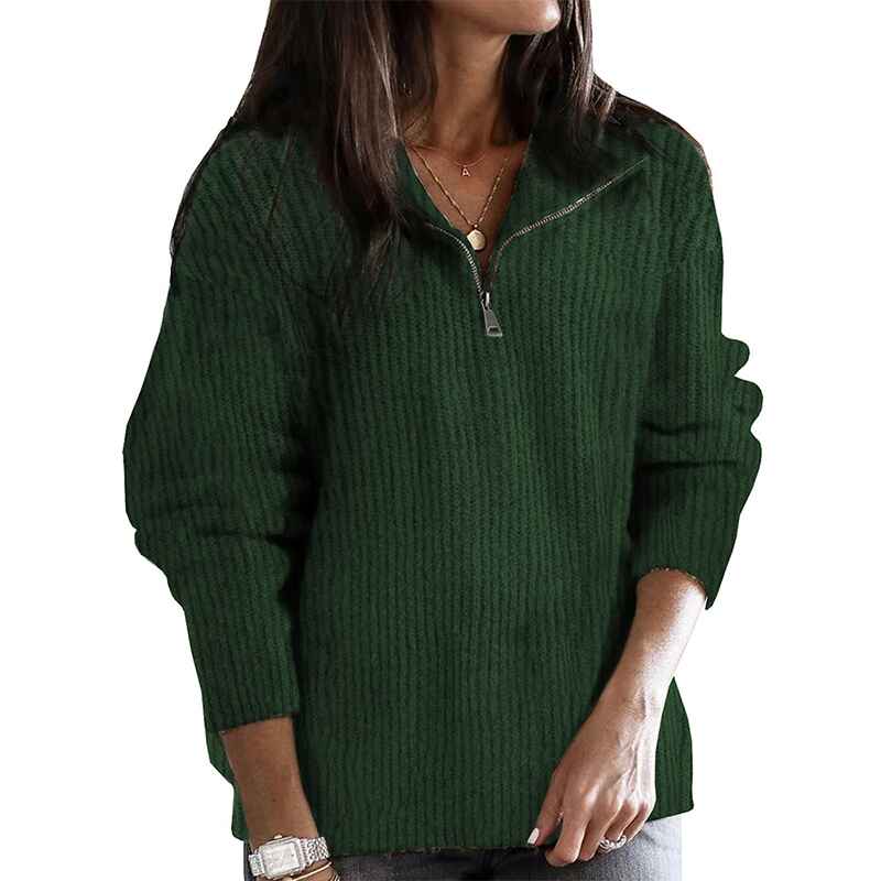 Green-Womens-1-4-Zipper-Long-Sleeve-V-Neck-Collar-Casual-Oversized-Ribbed-Knit-Pullover-Tunic-Sweater-K190