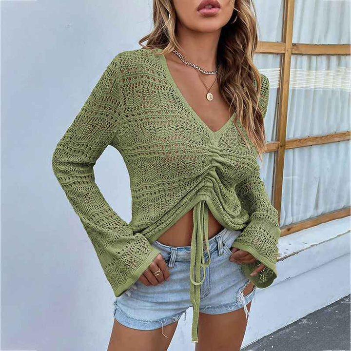 Green-Womens-Boho-Off-Shoulder-Sheer-Crop-Tops-Bell-Sleeve-Flowy-Oversized-Crochet-Ruched-Pullover-Sweaters-K215