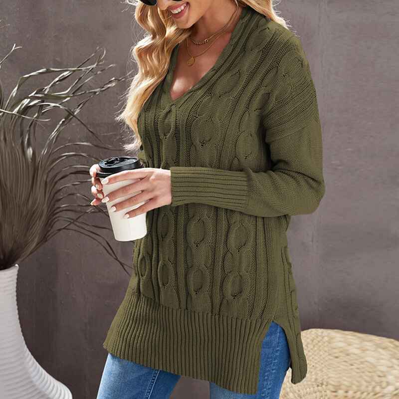     Green-Womens-Cable-Knit-Sweaters-V-Neck-Pullover-Tops-Long-Sleeve-Casual-Sweater-Blouse-Oversize-Knit-Shirts-K151-Side