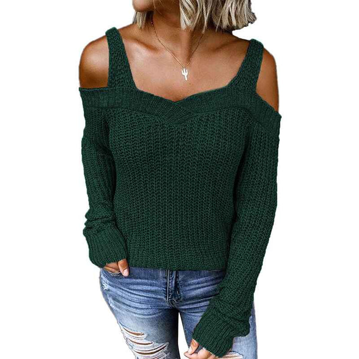 Green-Womens-Casual-Long-Sleeve-V-Neck-Cold-Shoulder-Knitted-Pullover-Sweater-Top-K197-tops-Front
