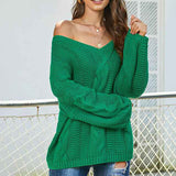 Green-Womens-Casual-Oversized-Long-Sleeve-Sweaters-V-Neck-Cable-Knit-Sweater-Pullovers-Tops-K139-Front