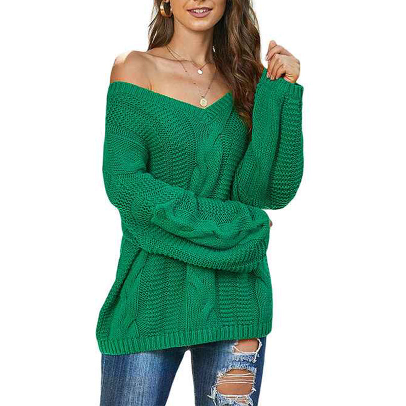 Green-Womens-Casual-Oversized-Long-Sleeve-Sweaters-V-Neck-Cable-Knit-Sweater-Pullovers-Tops-K139