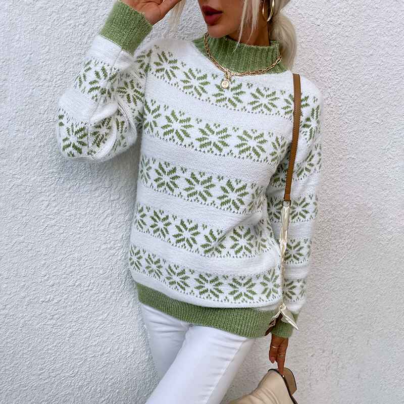 Green-Womens-Christmas-Snowflake-Sweater-Turtleneck-Vintage-Holiday-Knit-Sweater-Pullover-Patchwork-Knitting-Sweaters-K259
