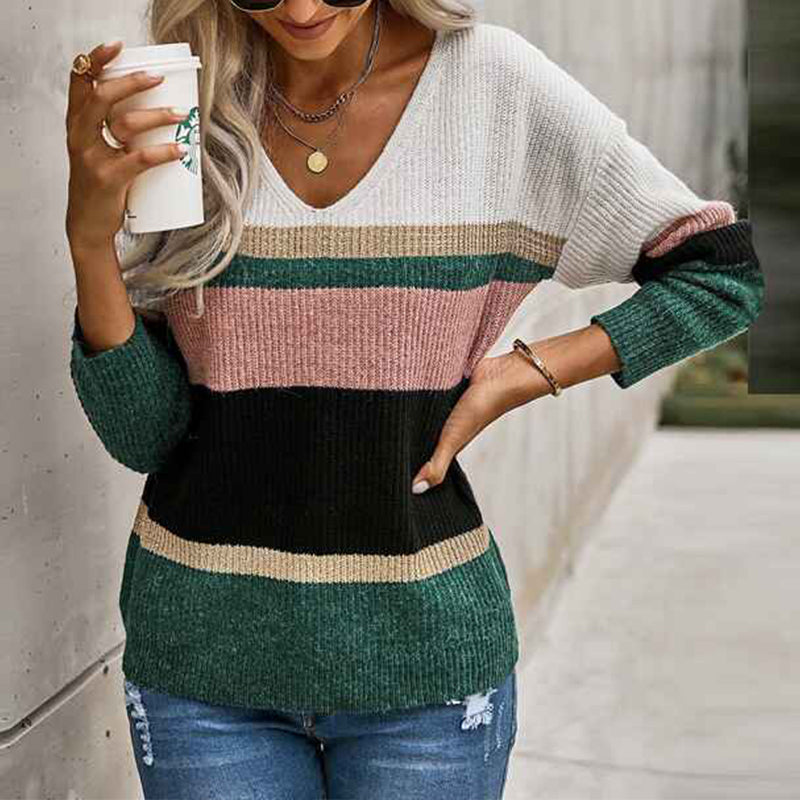 Green-Womens-Color-Block-Striped-V-Neck-Sweater-Long-Sleeve-Pullover-Knitted-Sweater-K198-Front
