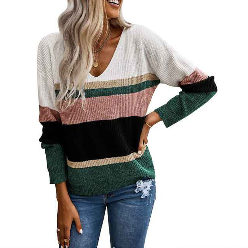 Green-Womens-Color-Block-Striped-V-Neck-Sweater-Long-Sleeve-Pullover-Knitted-Sweater-K198