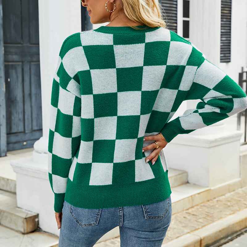 Green-Womens-Color-Block-Sweaters-Casual-Long-Sleeve-Plaid-Print-Crew-Neck-Knitted-Pullover-Jumpers-Tops-K464-Back