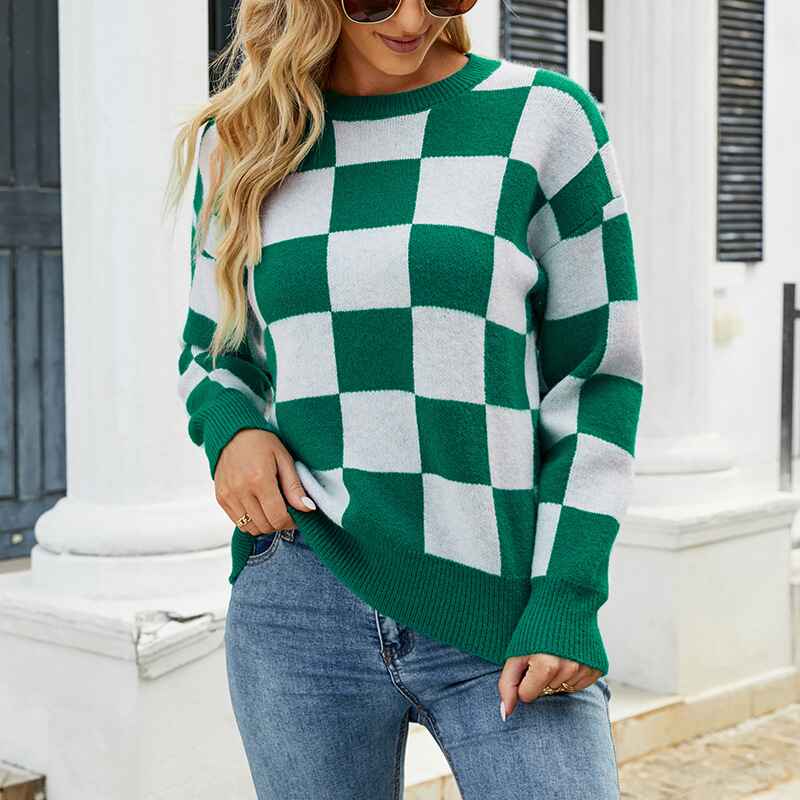 Green-Womens-Color-Block-Sweaters-Casual-Long-Sleeve-Plaid-Print-Crew-Neck-Knitted-Pullover-Jumpers-Tops-K464-Front-2