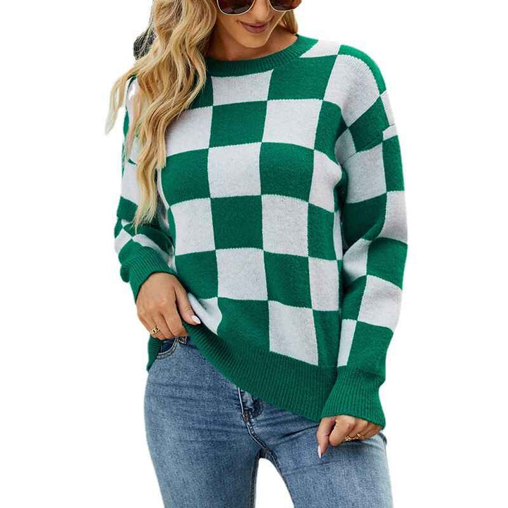 Green-Womens-Color-Block-Sweaters-Casual-Long-Sleeve-Plaid-Print-Crew-Neck-Knitted-Pullover-Jumpers-Tops-K464