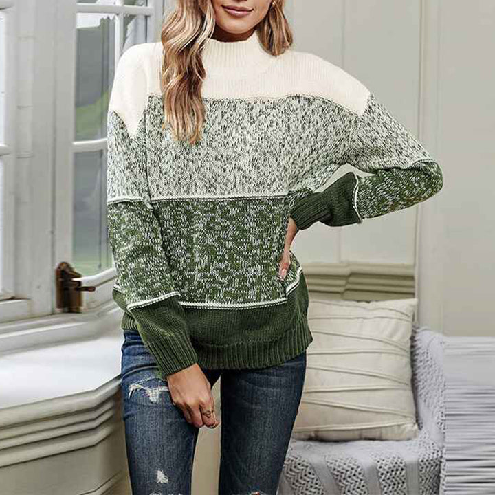 Green-Womens-Color-Block-Sweaters-Long-Sleeve-Crewneck-Pullover-Knit-Jumper-Tops-K191-Front