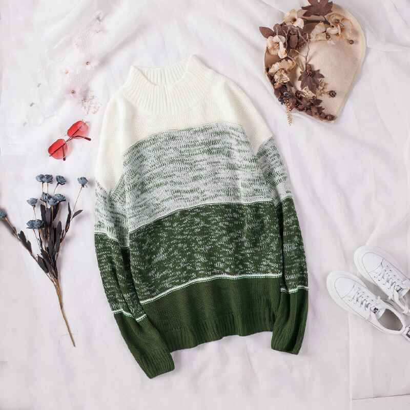 Green-Womens-Color-Block-Sweaters-Long-Sleeve-Crewneck-Pullover-Knit-Jumper-Tops-K191