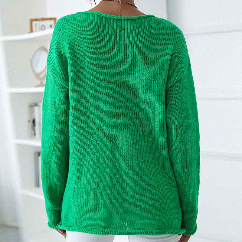Green-Womens-Cotton-Sweater-Pullover-Relaxed-Fit-V-Neck-Long-Sleeve-Fashion-Knitted-Jumper-K388-Back