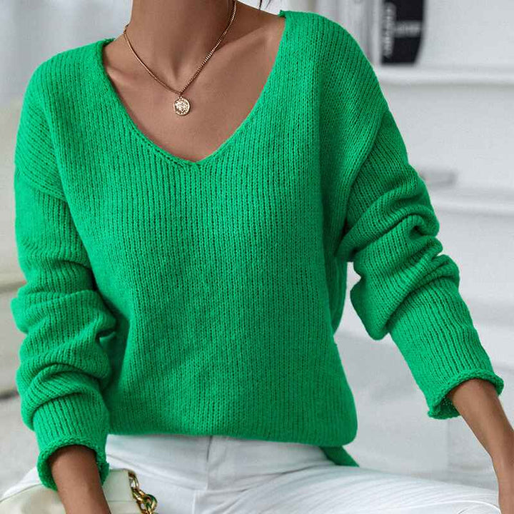 Green-Womens-Cotton-Sweater-Pullover-Relaxed-Fit-V-Neck-Long-Sleeve-Fashion-Knitted-Jumper-K388-Front