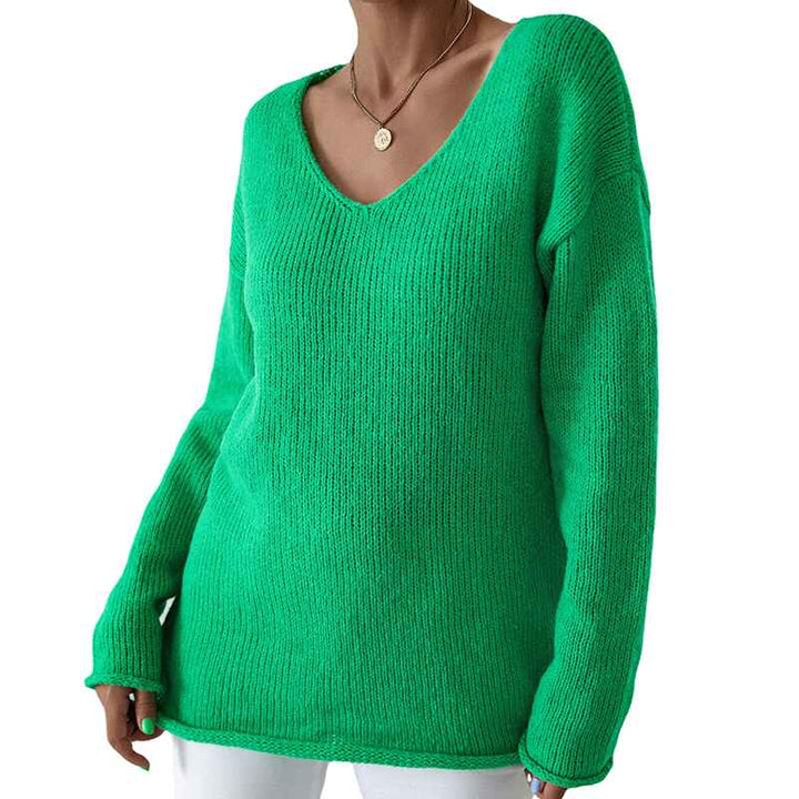     Green-Womens-Cotton-Sweater-Pullover-Relaxed-Fit-V-Neck-Long-Sleeve-Fashion-Knitted-Jumper-K388