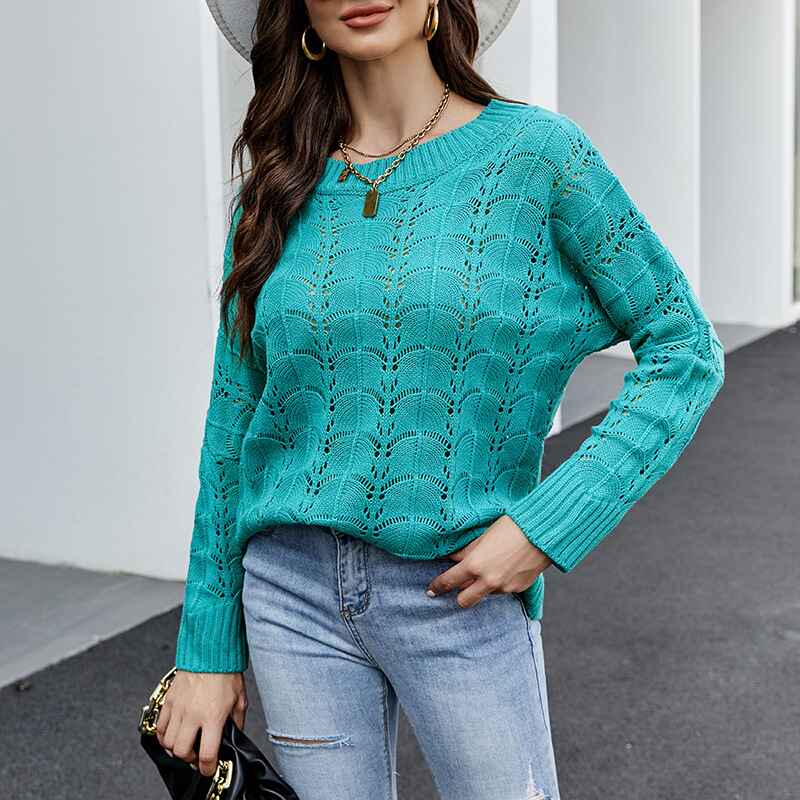    Green-Womens-Crochet-Hollow-Out-Crewneck-Long-Sleeve-Knit-Sweaters-Pullover-Jumper-Tops-K095