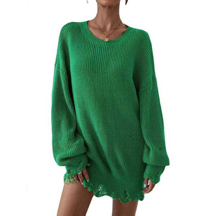 Green-Womens-Dress-Long-Sleeve-Mini-Dresses-Round-Neck-Loose-Knit-Casual-Short-Dress-Front