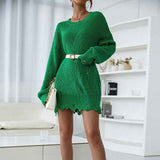 Green-Womens-Dress-Long-Sleeve-Mini-Dresses-Round-Neck-Loose-Knit-Casual-Short-Dress