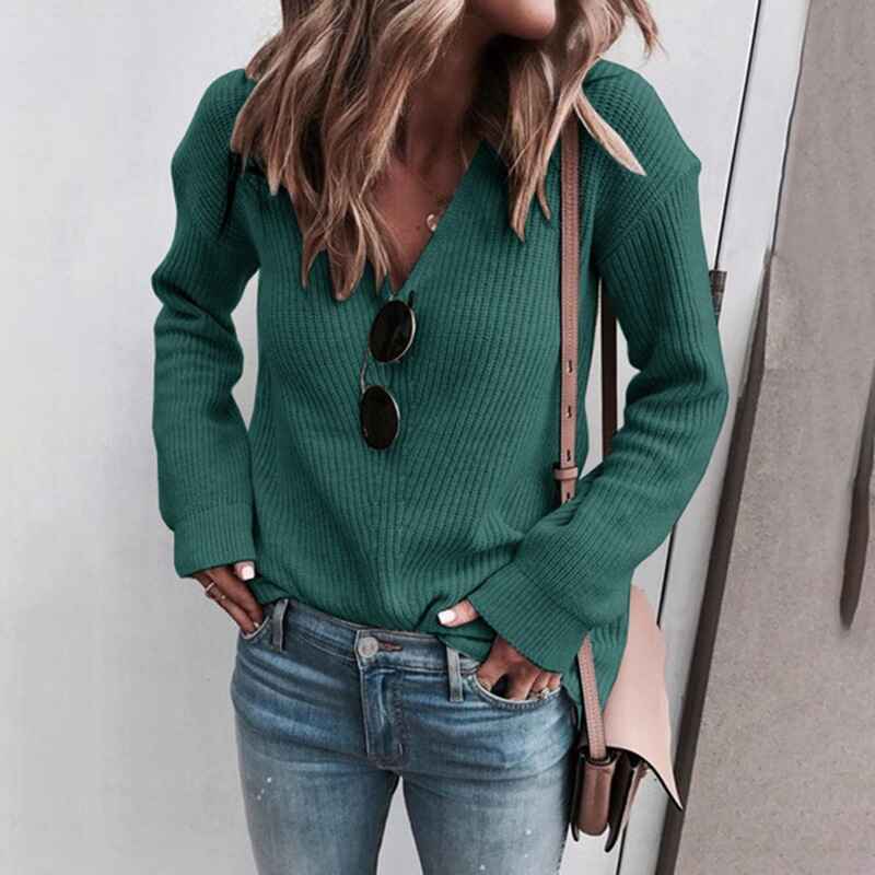 Green-Womens-Everyday-Soft-Blend-Thermal-Long-Sleeve-V-Neck-Sweater-k019