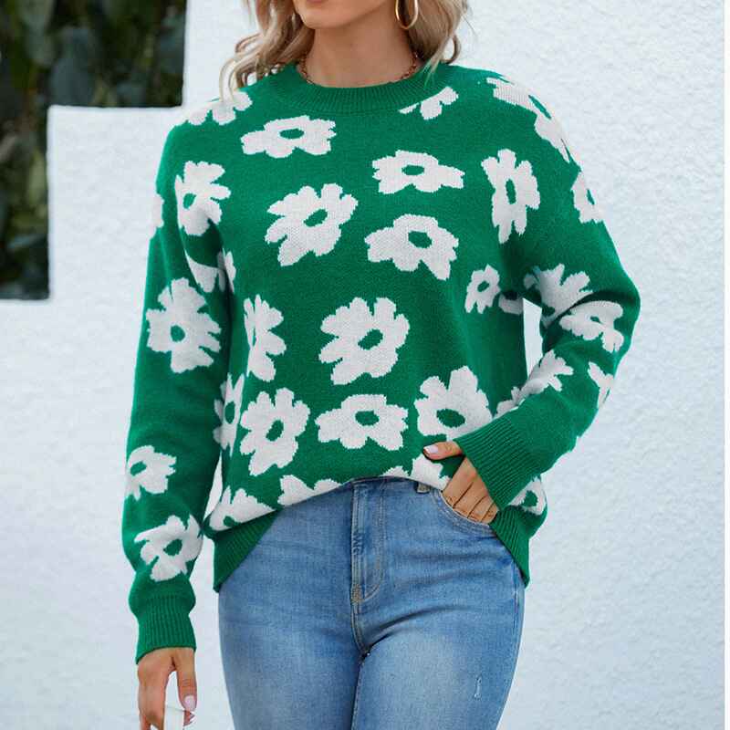 Green-Womens-Knit-Floral-Print-Sweater-Crewneck-Long-Sleeve-Lightweight-Pullover-K244-Front