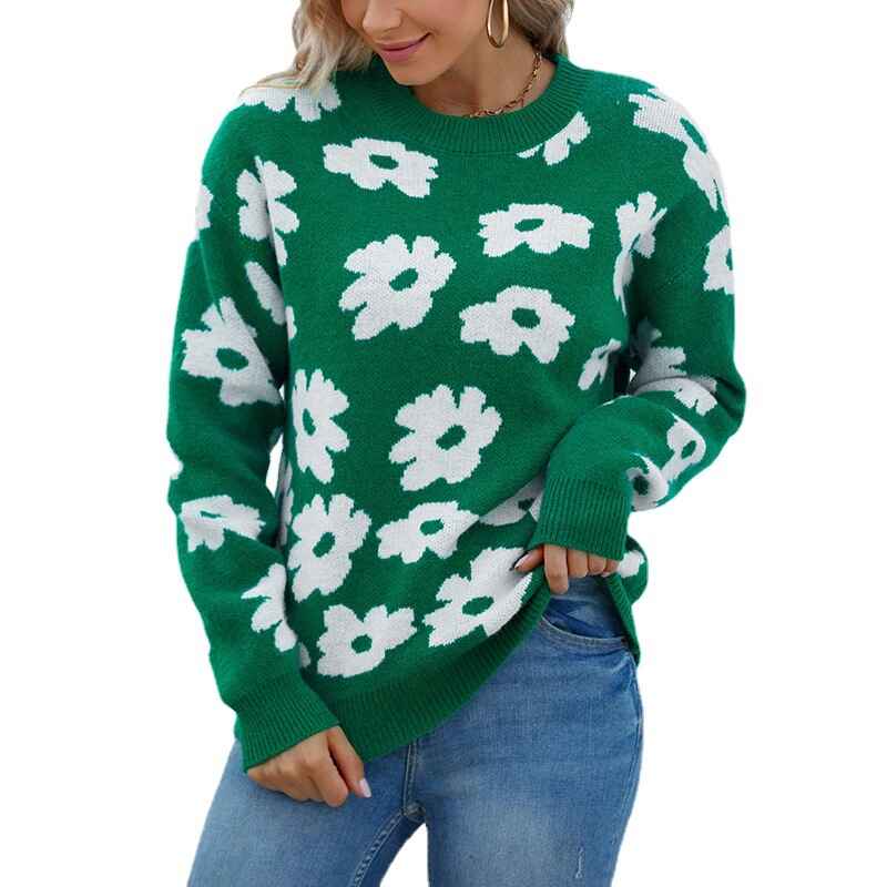 Green-Womens-Knit-Floral-Print-Sweater-Crewneck-Long-Sleeve-Lightweight-Pullover-K244