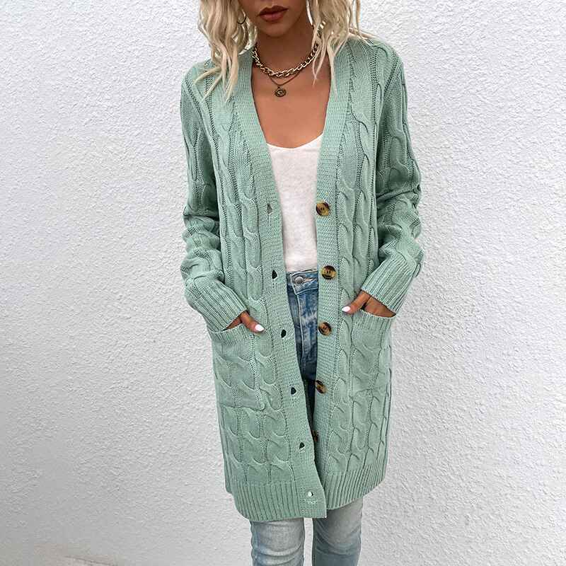 Green-Womens-Long-Sleeve-Cable-Knit-Button-Down-Midi-Long-Cardigan-Sweater-Open-Front-Chunky-Knitwear-Coat-with-Pockets-K075