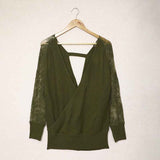 Green-Womens-Long-Sleeve-V-Neck-Lace-Patchwork-Solid-Color-Ribbed-Knit-Pullover-Sweater-Tops-K165