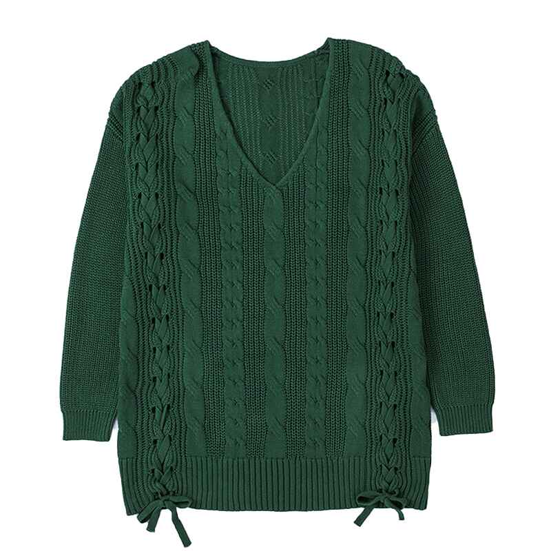 Green-Womens-Off-Shoulder-Long-Sleeve-V-Neck-Ribbed-Cable-Pullover-Sweaters-Loose-Fitting-Jumper-Tops-K181-Front