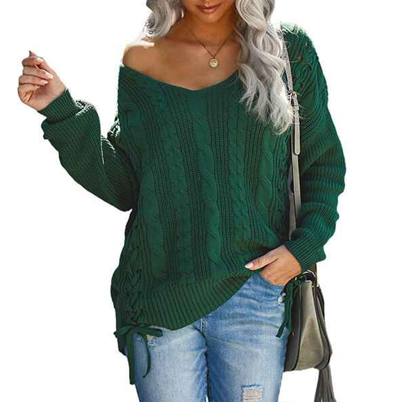 Green-Womens-Off-Shoulder-Long-Sleeve-V-Neck-Ribbed-Cable-Pullover-Sweaters-Loose-Fitting-Jumper-Tops-K181