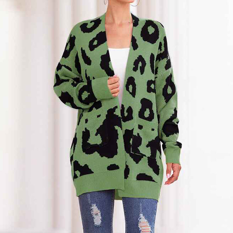     Green-Womens-Open-Front-Leopard-Knit-Cardigan-Sweaters-Pockets-Long-Sleeve-Outwear-K066