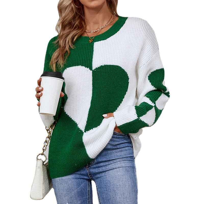 Green-Womens-Pullover-Sweaters-Knit-Long-Sleeve-Cable-Heart-Patch-Jumper-Tops-K265