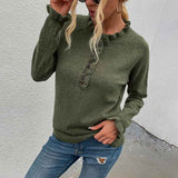 Green-Womens-Solid-Color-Long-Sleeve-Sweater-Round-Neck-Button-Ruffle-Pullover-Casual-Knit-Top-K261