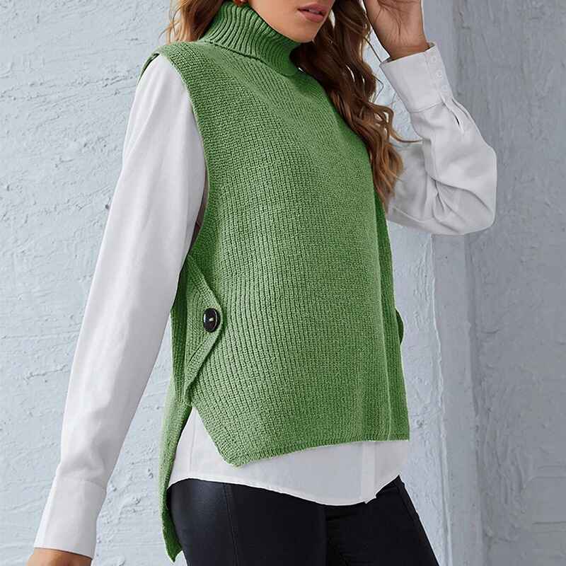 Green-Womens-Sweater-Vest-Cable-Knit-Turtleneck-High-Neck-Sleeveless-Pullover-Tank-Top-K015
